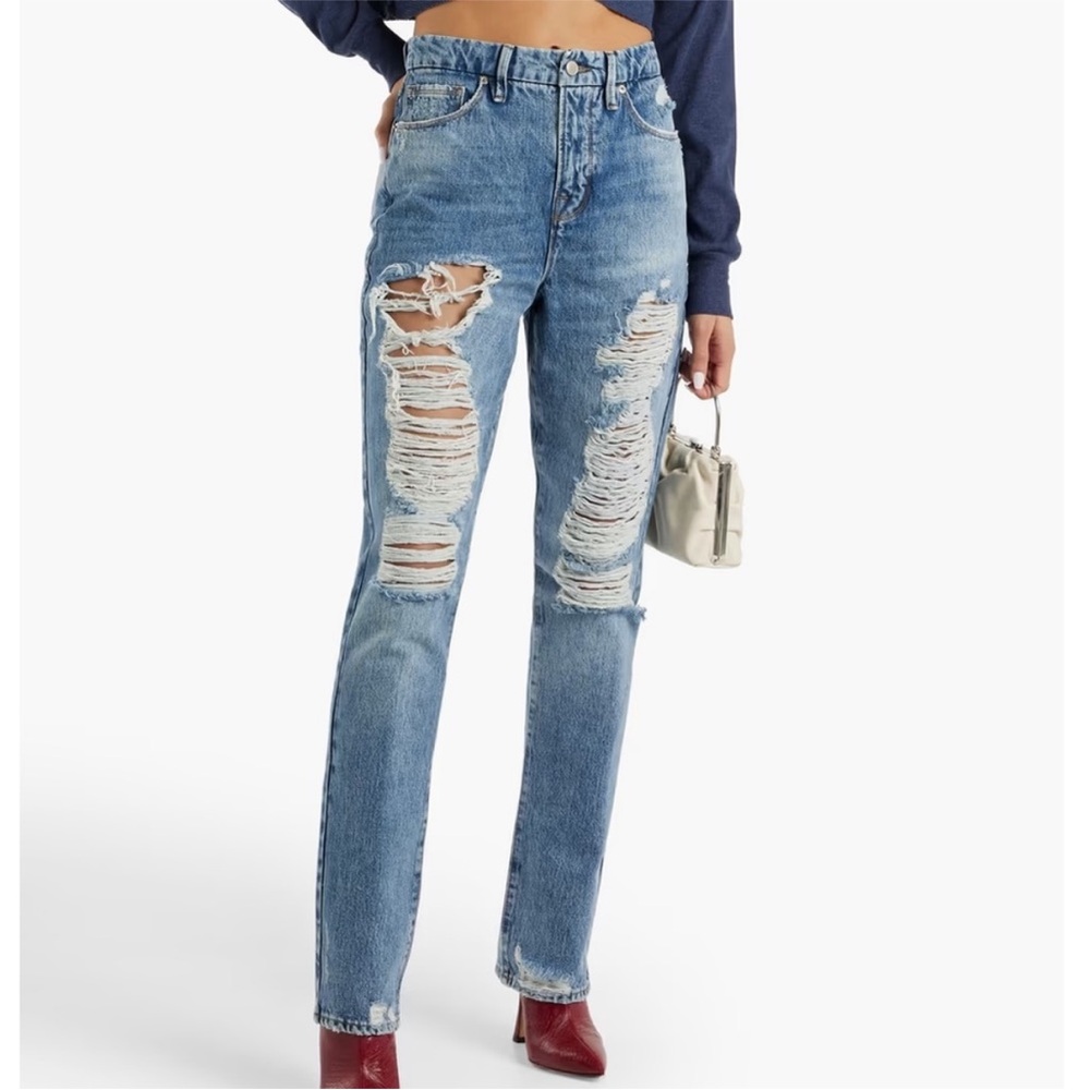 Good American Good Boy Shredded High Waist Boyfriend Jeans NWT | Size 6 | Blue